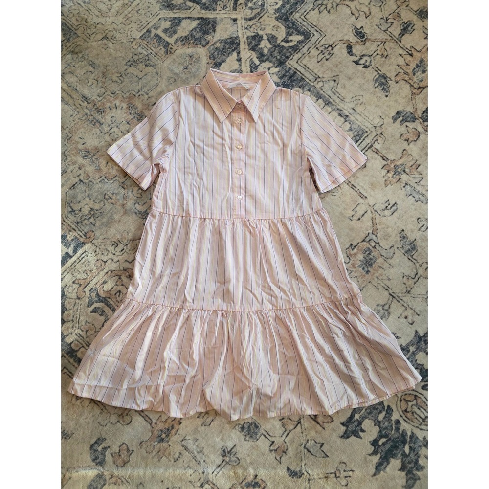MNG Mango Womens Size 2 100% Cotton Pink Collared Button Up Striped Tiered Dress
